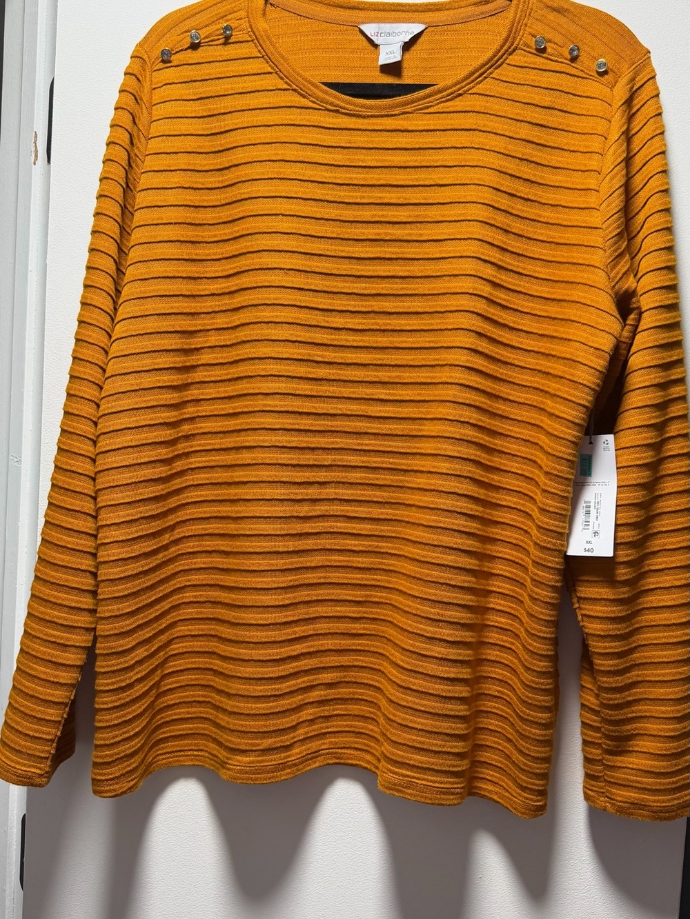 Liz Claiborne Womens Mustard Ribbed Crewneck with Shoulder Buttons